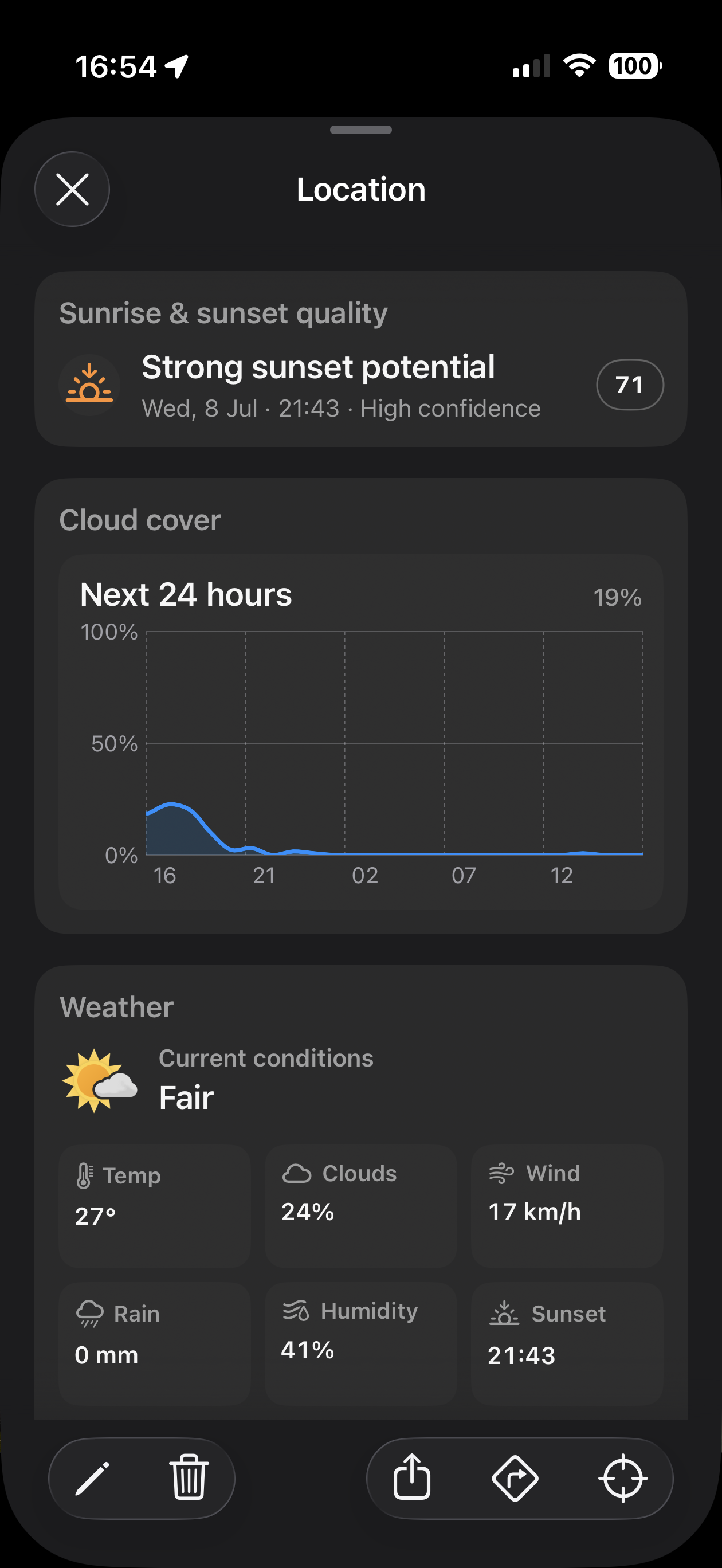 LensTrails weather and cloud cover on a location detail screen