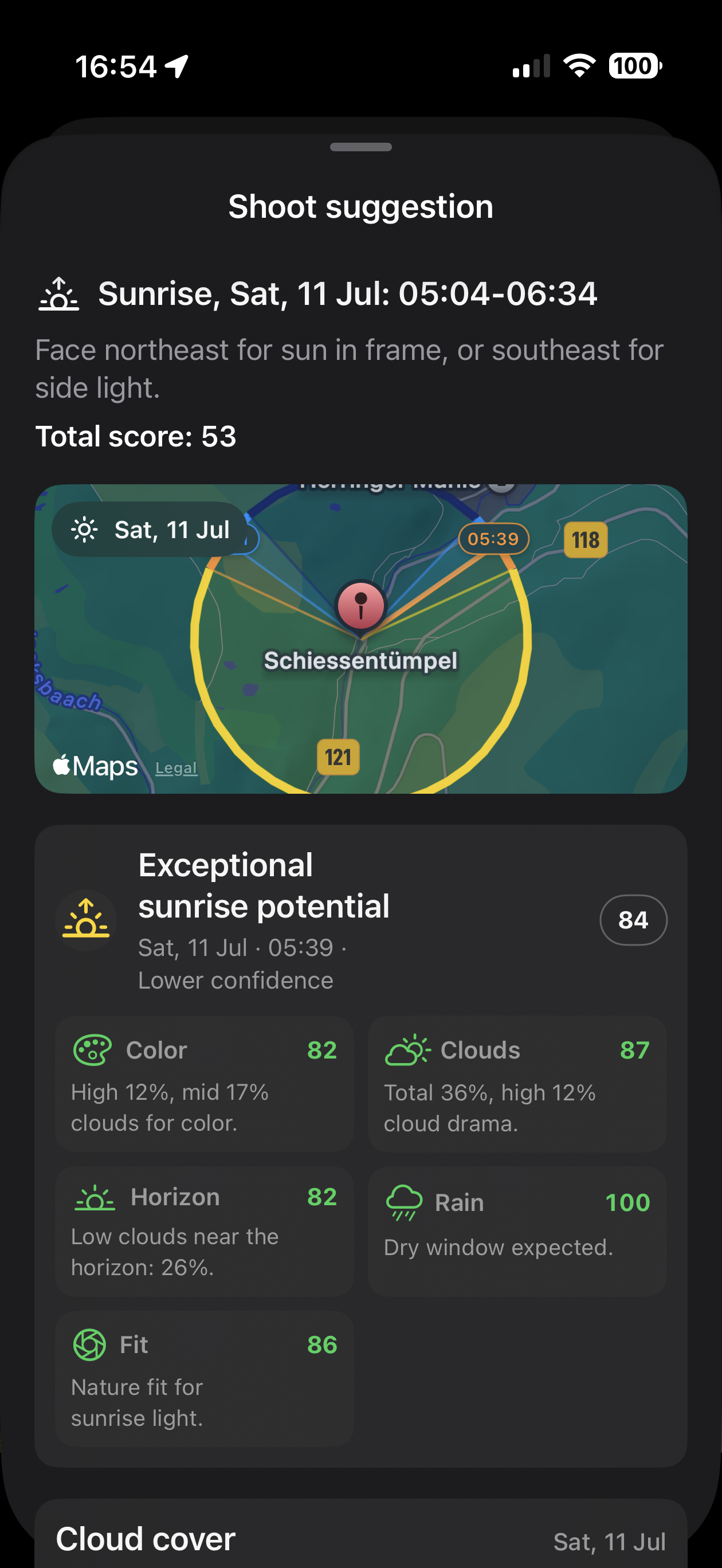 LensTrails next shoot suggestion with sun path and score