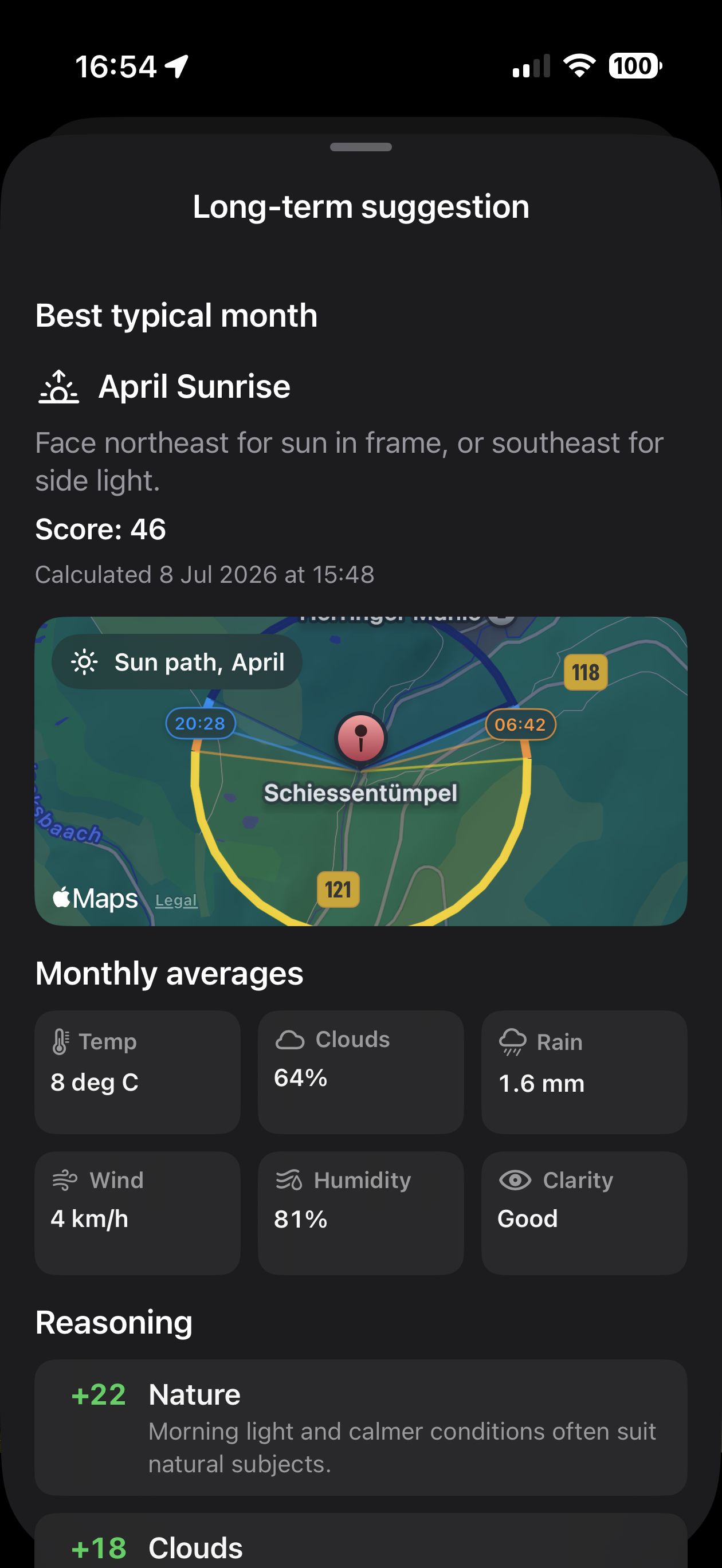 LensTrails long-term suggestion with month and sun path
